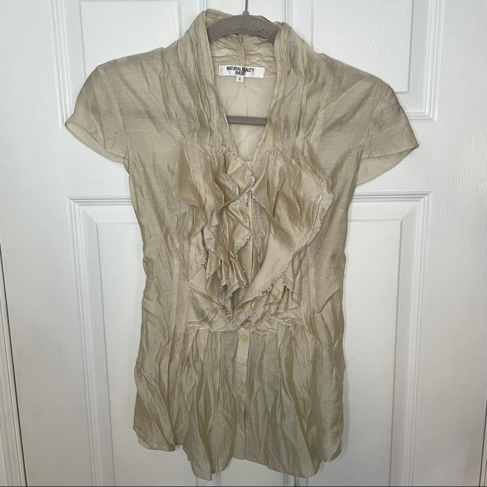 𝅺NATURAL Beauty Basic Tie Ruffled Blouse Top Large